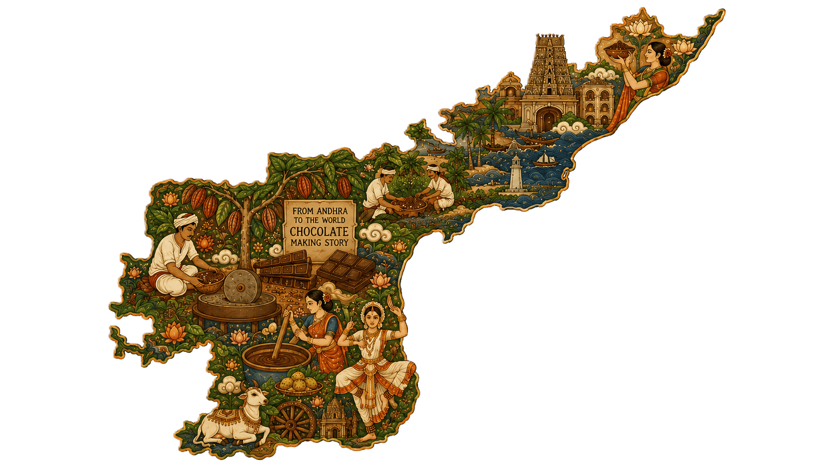 An illustrated Megham chocolate journey through Andhra Pradesh