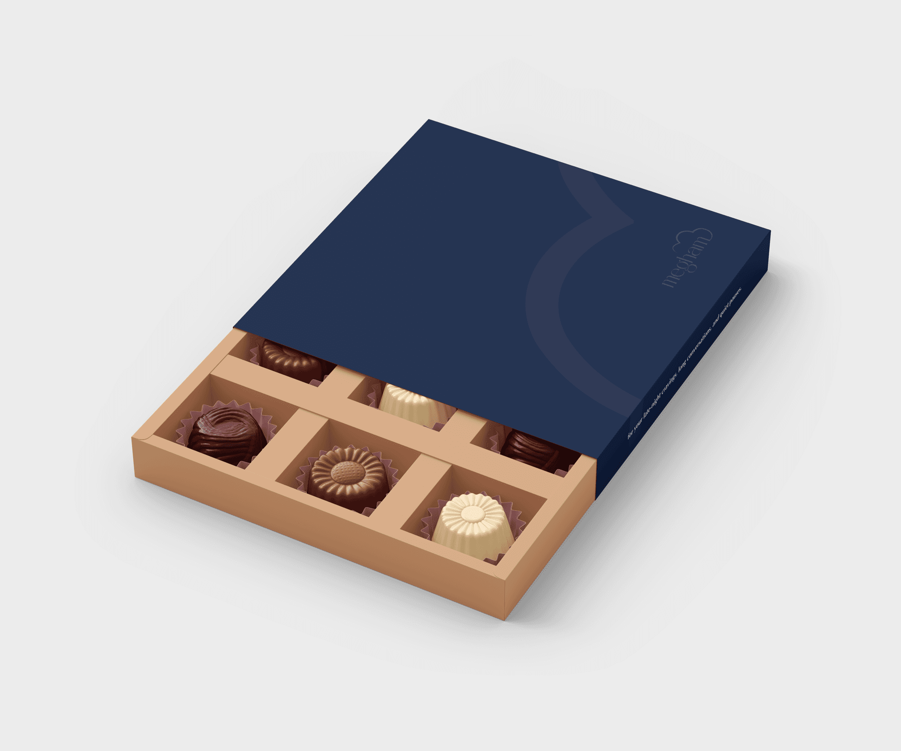 Open Megham bonbon box with assorted chocolates