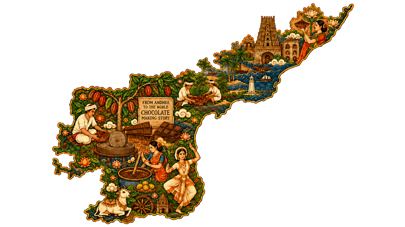 An illustrated map of Andhra Pradesh telling the chocolate-making story